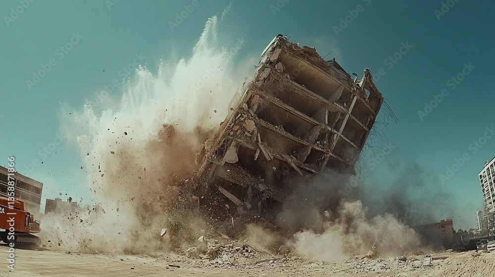 Fototapeta premium A demolition site with a crumbling building mid-collapse, capturing the dramatic moment of deconstruction as concrete and steel give way to the power of heavy machinery. 