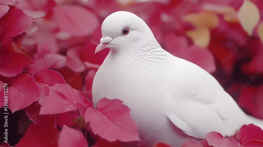 White dove amidst vibrant red foliage. White dove amidst vibrant red foliage.