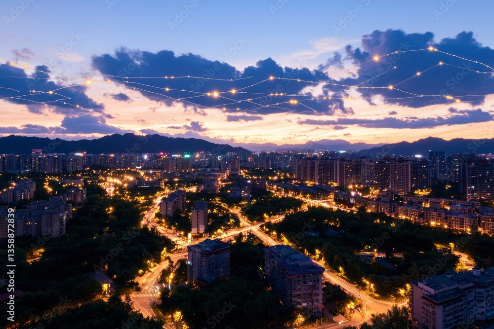 Obraz premium Cityscape at dusk with communication dots over the sky for connection purposes
