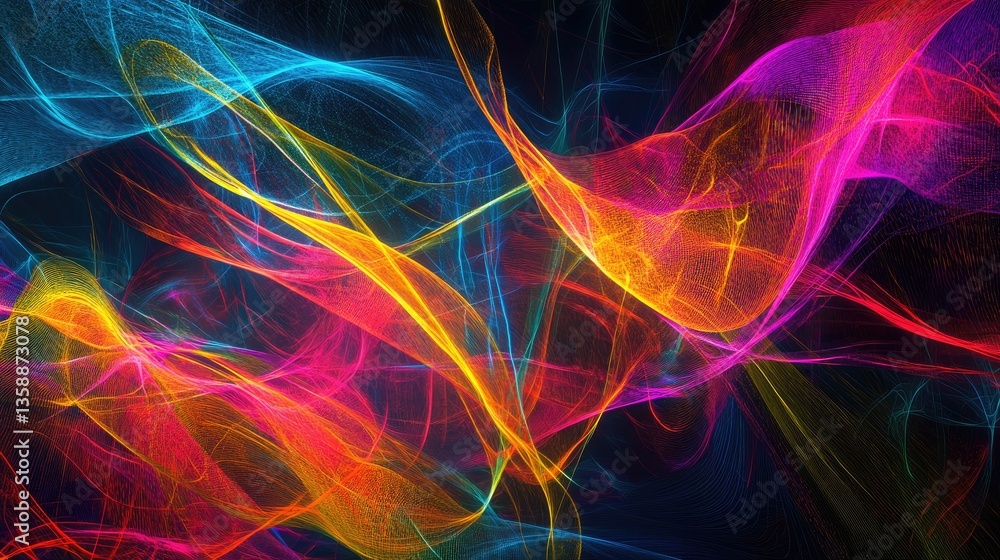 Vibrant Colorful Abstract Waves in Motion with Bright Hues of Blue, Red, Yellow, and Pink on Dark Background Vibrant Colorful Abstract Waves in Motion with Bright Hues of Blue, Red, Yellow, and Pink on Dark Background