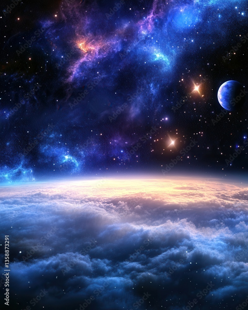 Fototapeta premium A breathtaking view of Earth from space, showcasing vibrant blue oceans, swirling white clouds, and diverse green landmasses, all illuminated by the sun against a backdrop of deep black cosmos.