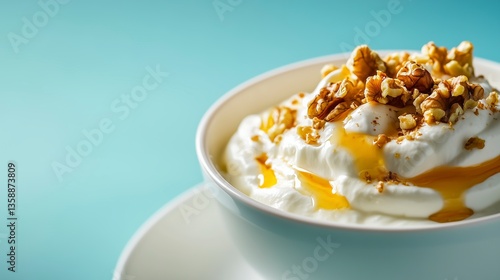 Bowl of Greek yogurt drizzled with golden honey and sprinkled with chopped walnuts elegantly presented on a white plate against a light blue background