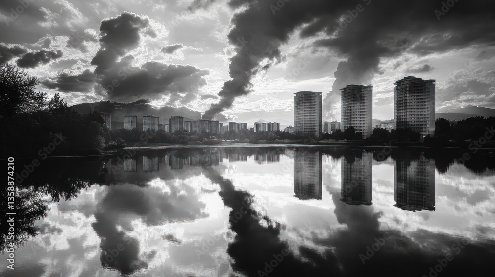 Naklejka premium Cityscape reflected in tranquil lake at dawn