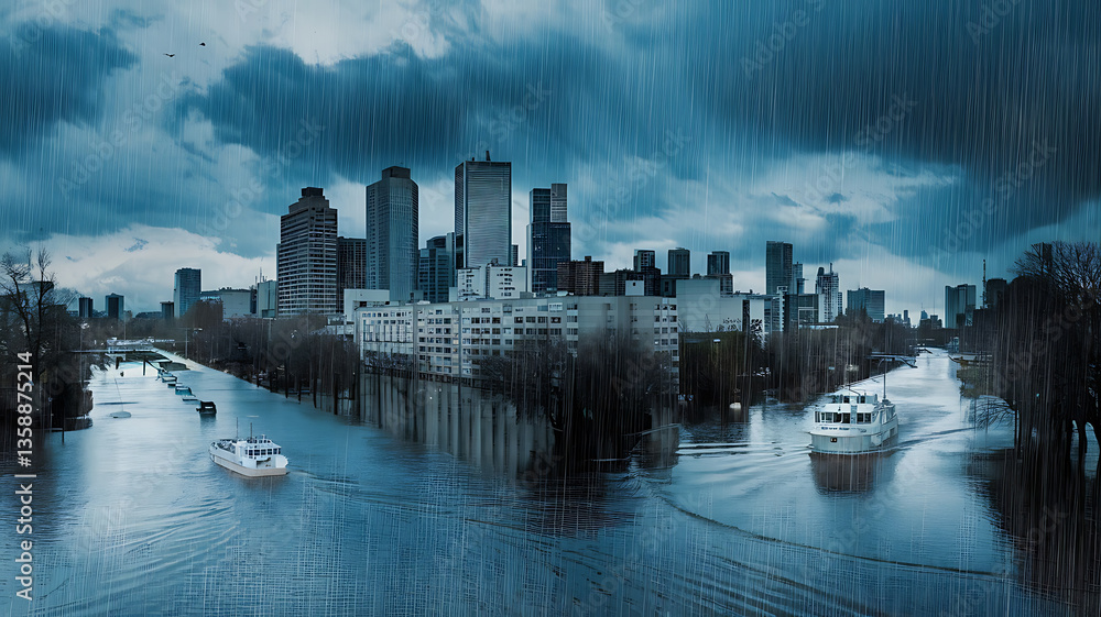 Obraz premium Flooded city river heavy rain urban landscape