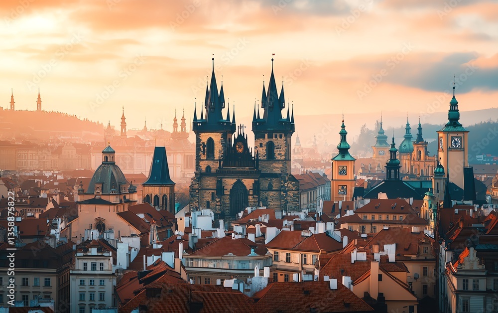 Fototapeta premium Minimalist skyline blending ancient castles with modern buildings, high-angle perspective showcasing whimsical architecture, enchanting atmosphere