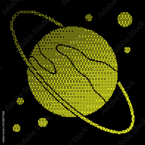 Pixel Saturn planet halftone silhouette icon. Saturn planet with ring. Exploring space and solar system at school. Simple black and yellow vector isolated on black