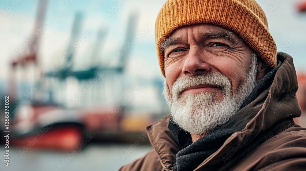 A man with a yellow hat and gray hair is smiling. He is wearing a brown jacket and a black scarf A man with a yellow hat and gray hair is smiling. He is wearing a brown jacket and a black scarf