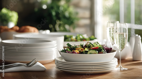 of high-end ceramic plates and glassware, beautifully arranged with a colorful salad and a glass of sparkling water on a wooden dining table 