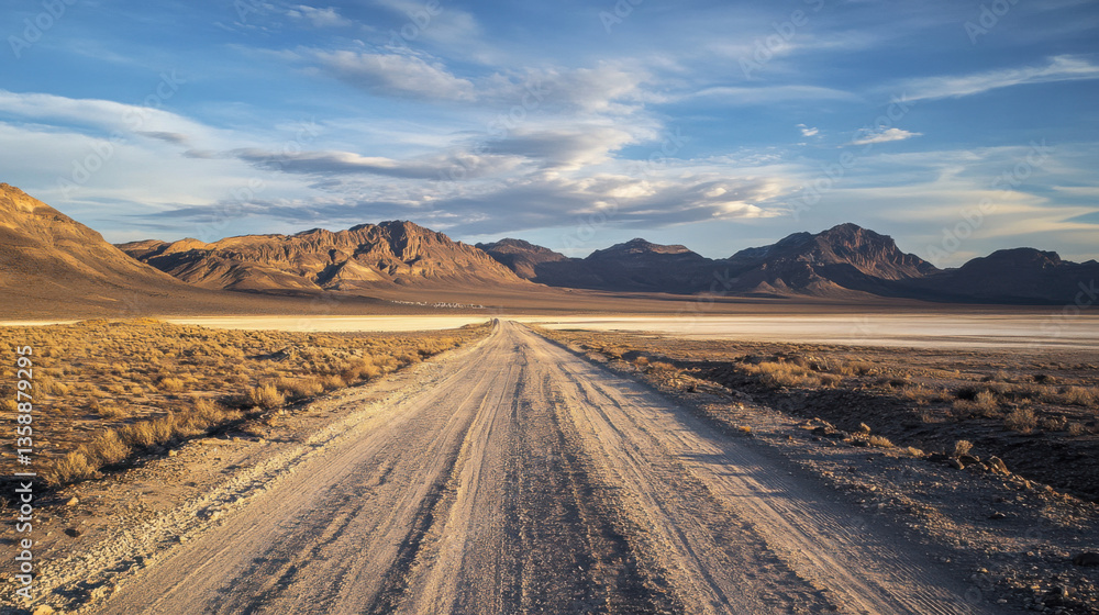 Expansive Desert Road Leading to Majestic Mountains Under Blue Sky with Wispy Clouds Captured in Stunning Natural Landscape Photography Expansive Desert Road Leading to Majestic Mountains Under Blue Sky with Wispy Clouds Captured in Stunning Natural Landscape Photography