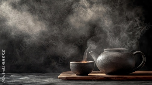 Serene Steam: A Moment of Tranquility with a Rustic Teapot and Bowl