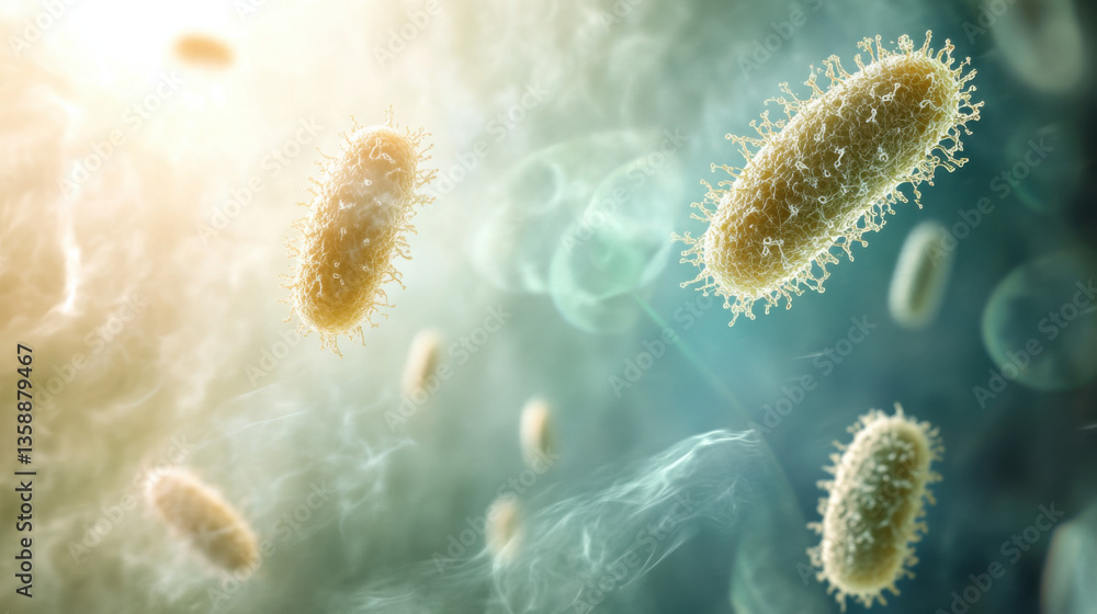 Fototapeta premium Microscopic View of Bacteria in an Abstract Environment, Highlighting the Intricate Structures and Shapes of Microorganisms in a Colorful Background with Light Effects