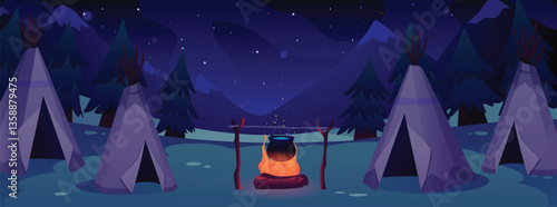 Native American teepees village in the night flat vector illustration, cartoon Indian wigwam and burning fire with pot