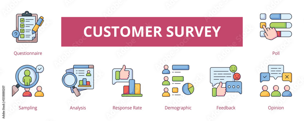 Customer Survey Lineal Color Banner Web Icon Set Vector Illustration, Questionnaire Sampling Analysis Response Rate Demographic Feedback Opinion Poll Customer Survey Lineal Color Banner Web Icon Set Vector Illustration, Questionnaire Sampling Analysis Response Rate Demographic Feedback Opinion Poll