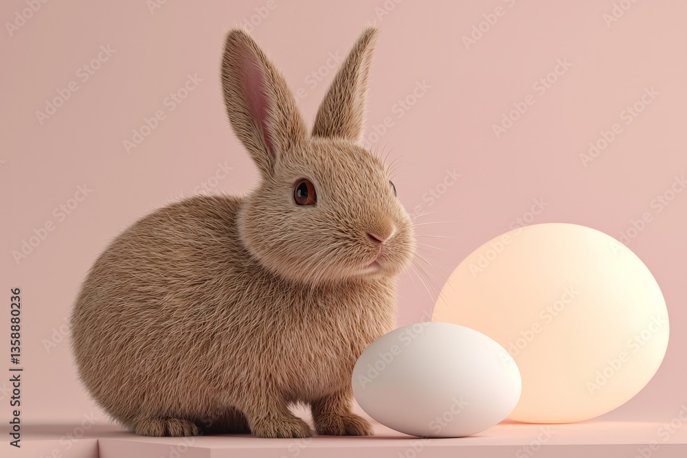 Obraz premium Realistic brown bunny on smooth beige backdrop with decorative pastel egg creating minimalist pet focused easter illustration filled with natural charm