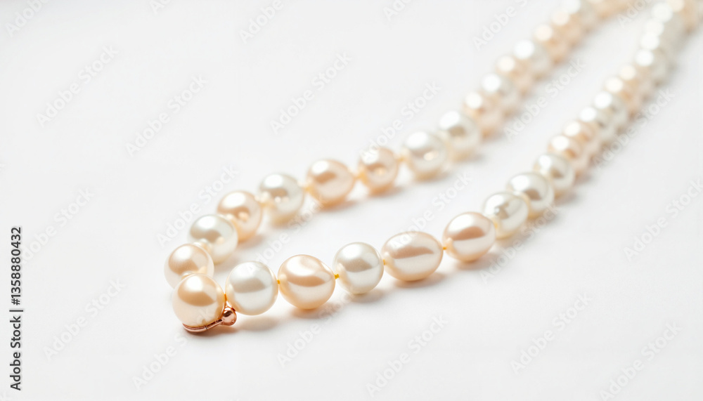 Elegant pearl necklace displayed elegantly on soft white background, allure Elegant pearl necklace displayed elegantly on soft white background, allure