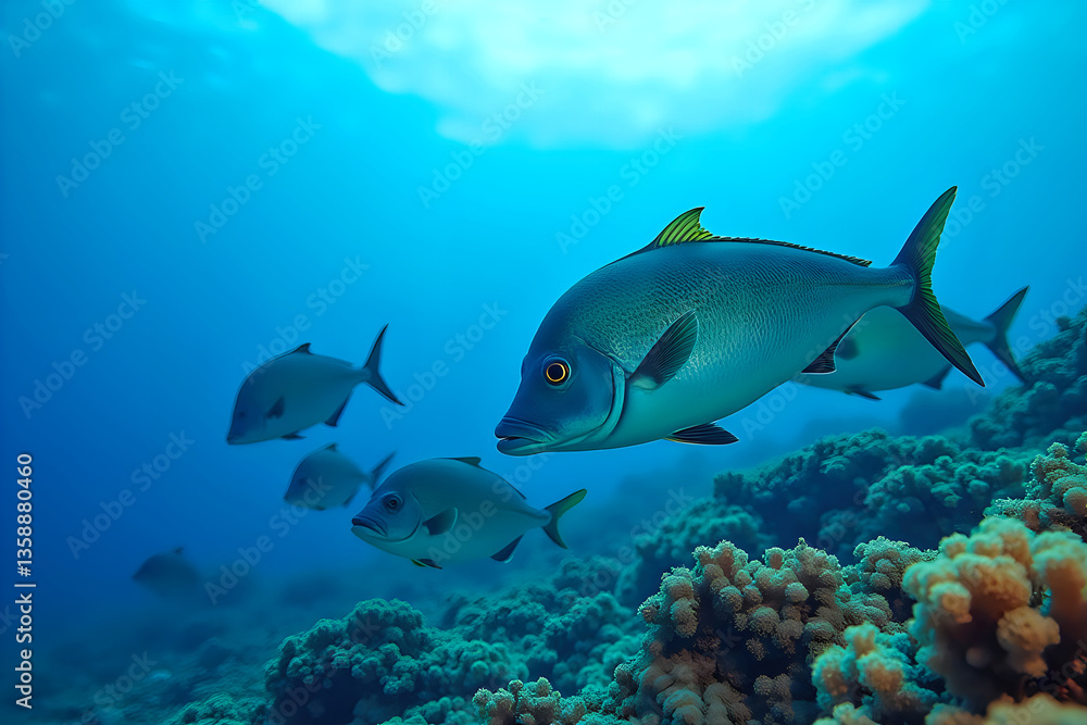 Fototapeta premium Fish swim over coral reef underwater with blue sky above