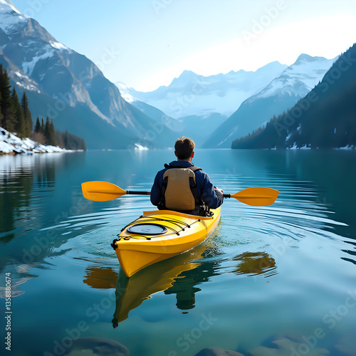 Man in yellow kayak on lake with snowy mountains