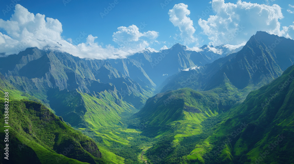 Breathtaking Panorama of Serene Green Valleys Surrounded by Majestic Mountains Under a Bright Blue Sky with Fluffy White Clouds Capturing Nature's Beauty Breathtaking Panorama of Serene Green Valleys Surrounded by Majestic Mountains Under a Bright Blue Sky with Fluffy White Clouds Capturing Nature's Beauty
