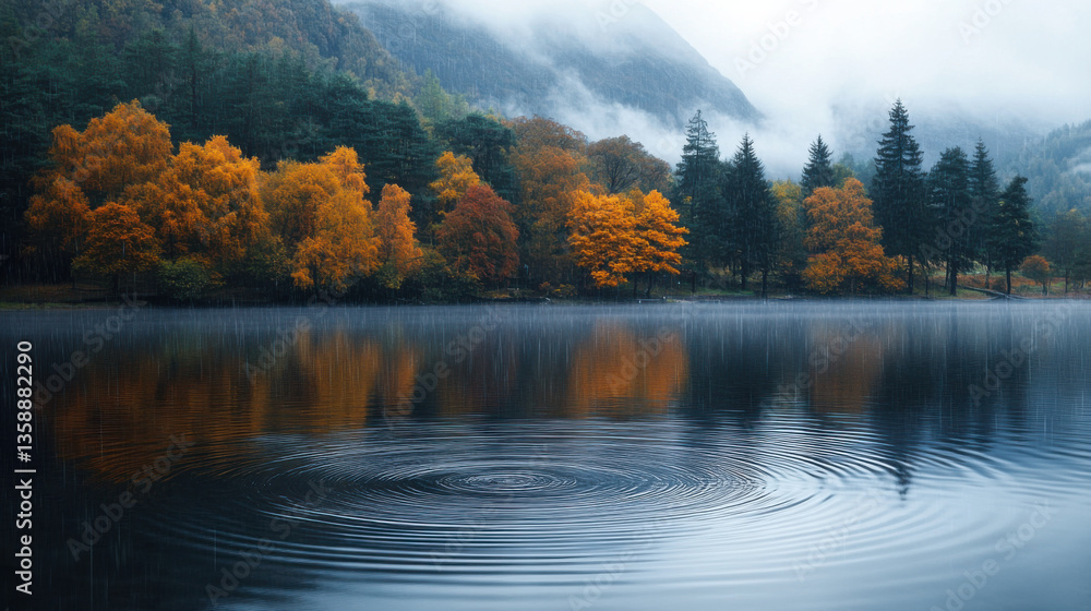 Tranquil Autumn Landscape with Colorful Trees and Rippling Water Surface at Lake During Rainy Day in Misty Mountain Setting Tranquil Autumn Landscape with Colorful Trees and Rippling Water Surface at Lake During Rainy Day in Misty Mountain Setting