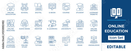 Online education line icon set representing e-learning, virtual classrooms, digital courses, online teaching, webinars, knowledge sharing, distance learning, and remote education.