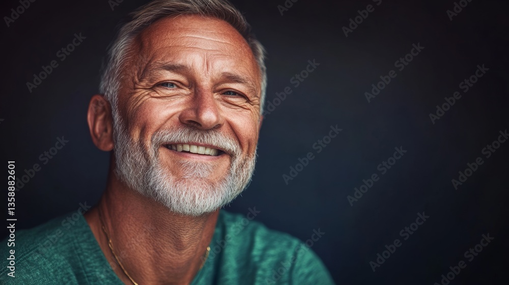 Obraz premium A man with a beard and gray hair is smiling. He is wearing a green shirt. Concept of happiness and contentment