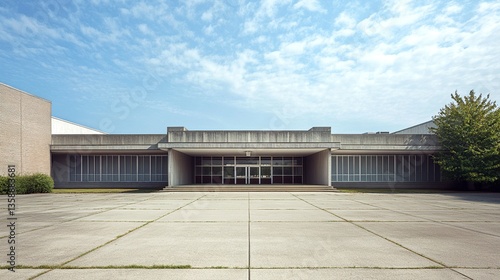Wallpaper Mural A minimalist American school design with flat roofing, smooth concrete walls, and an open facade with a covered entryway leading to the main building.  Torontodigital.ca
