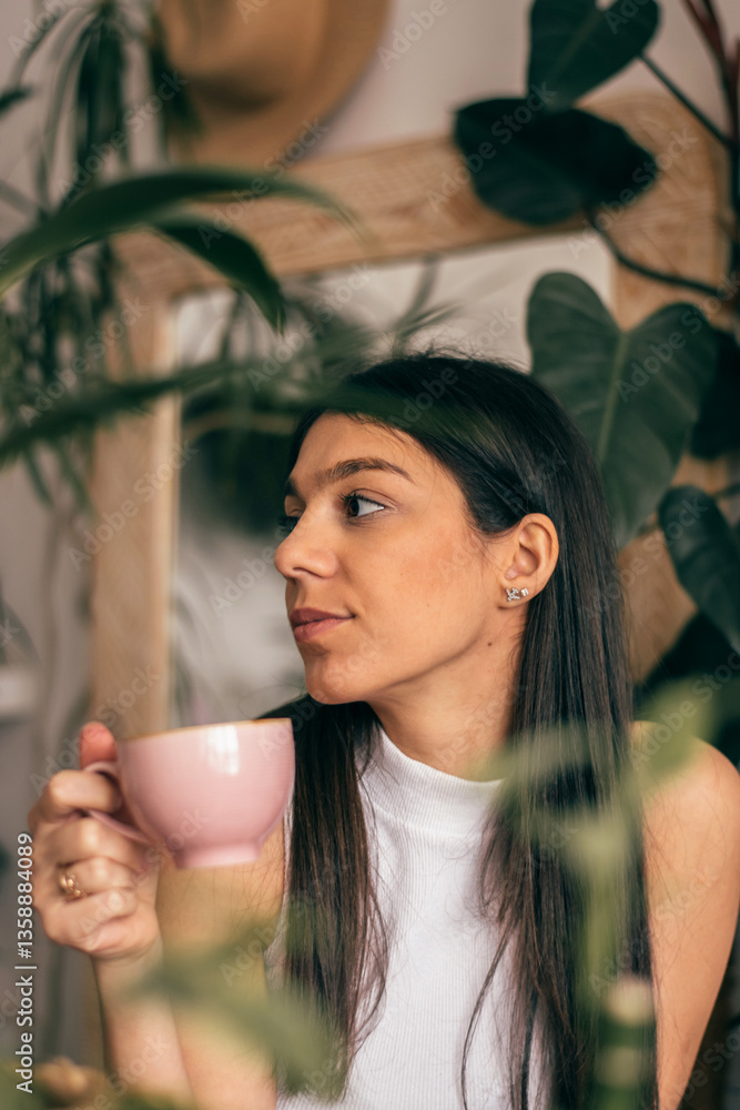 Attractive young dark-haired woman drinking tea from a cup in a room with indoor plants, close-up.