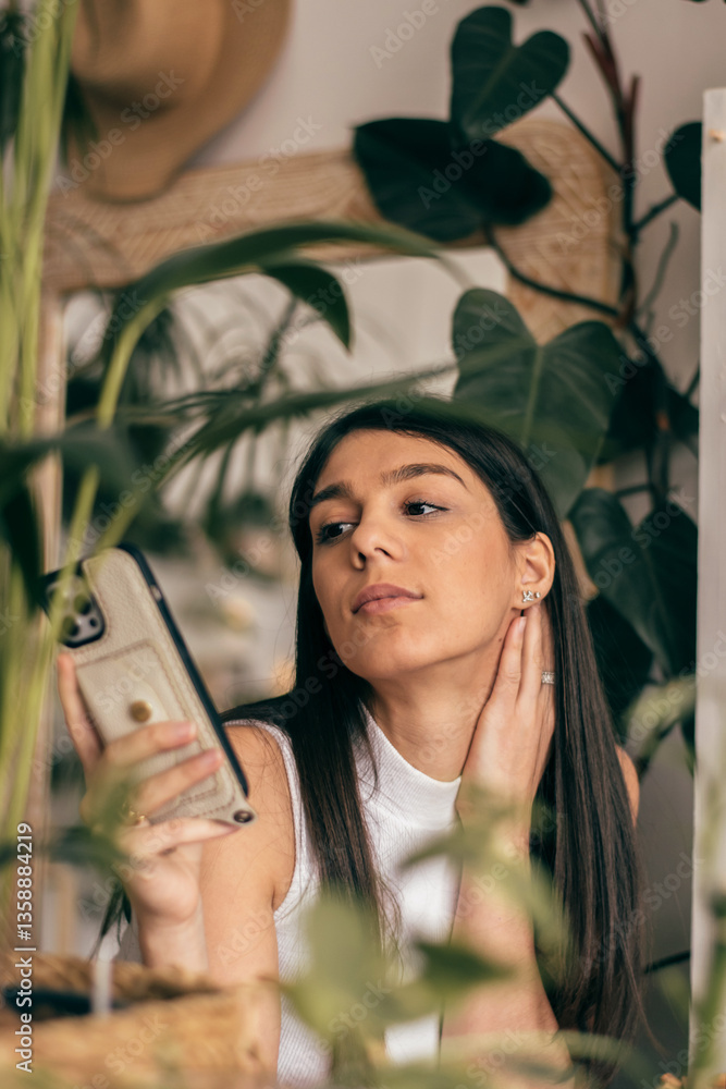 A young dark-haired woman using a smartphone, close-up.