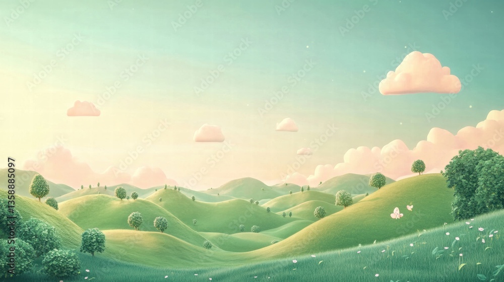 Obraz premium illustration of Summer fields landscape with a dawn,Rainbow, green grass hills, bright color blue sky, country background,banner resting vacation.