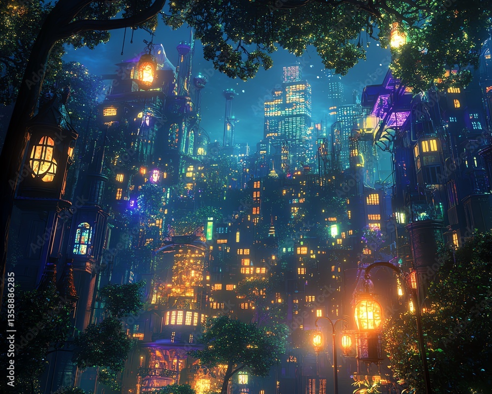 Naklejka premium Vibrant futuristic city skyline at night, glowing towers and lush forest. Fantasy cityscape, digital art.