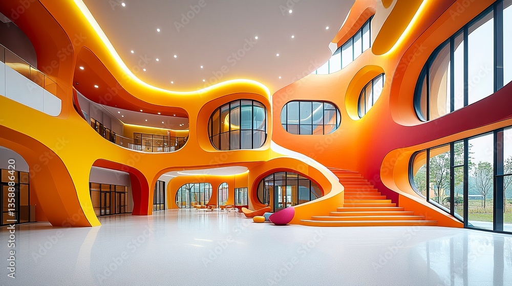 Fototapeta premium A modern educational facility boasting unique architectural elements such as asymmetrical structures, colorful accents, and spacious, functional interiors. 