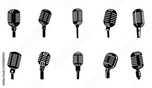 A set of ten classic microphone vector silhouette designs. Simple collection. Isolated bundle on white background.