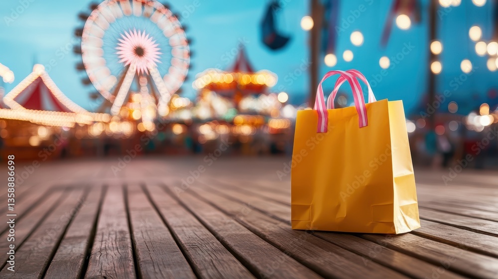 A cheerful yellow bag stands boldly on the wooden floor against the vibrant backdrop of a fun fair, radiating joy and excitement typical of festive gatherings.