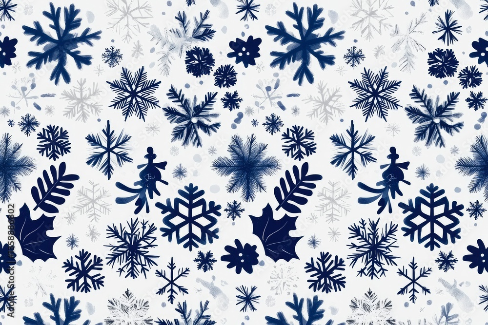 Winter themed background with snowflakes and leaves in blue tones for decorations Winter themed background with snowflakes and leaves in blue tones for decorations