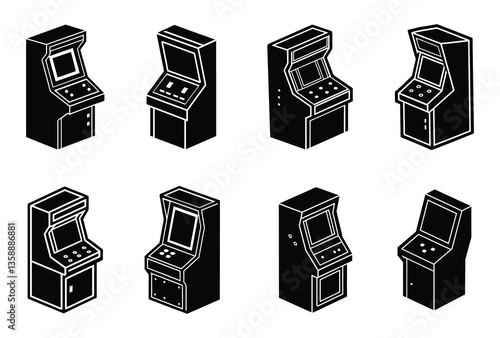 A set of eight arcade machine vector silhouette designs. Simple retro collection. Isolated bundle on white background.
