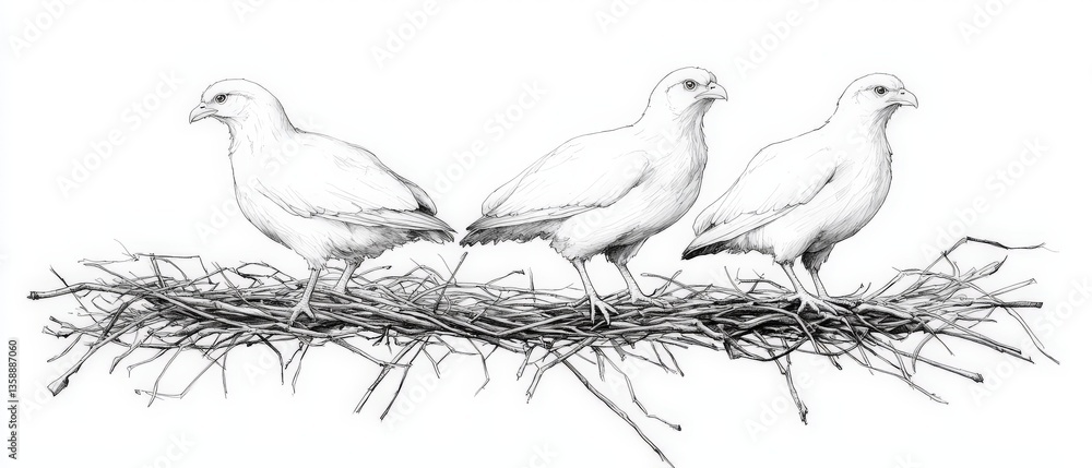 Fototapeta premium Trio of peaceful doves resting calmly around an egg arrangement forming symbolic unity and delicate balance with light charcoal texture over soft lined straw background