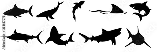Swimming with whale sharks silhouette of Circling Sharks. Group shark photo, Shark elements