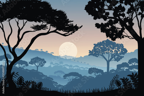 Serene Jungle Silhouette with Majestic Trees and Rolling Hills Under a Glowing Full Moon at Twilight, Creating a Serene and Dreamy Landscape with Layers of Misty Forest and a Tranquil Evening Sky