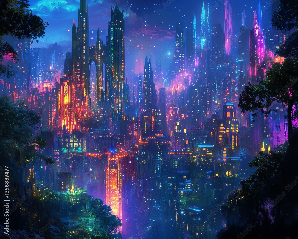 Fototapeta premium Vibrant futuristic city skyline at night, glowing towers and lush forest. Fantasy cityscape, digital art.