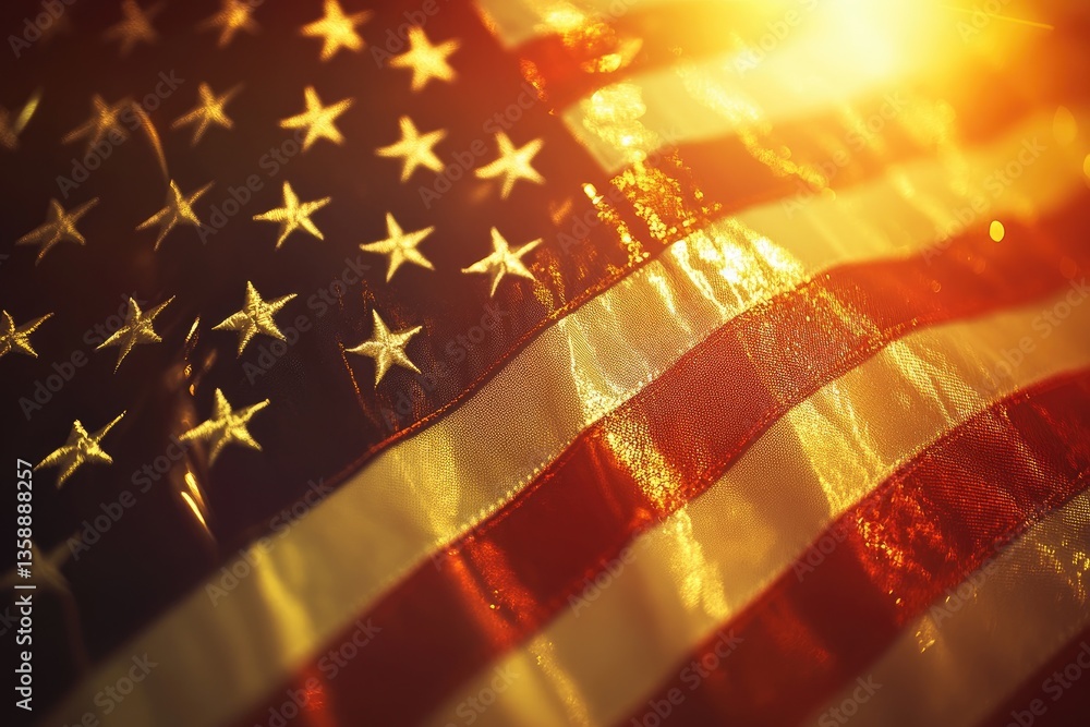Fototapeta premium A dramatic cinematic shot, featuring a glistening American flag under golden sunset lighting.