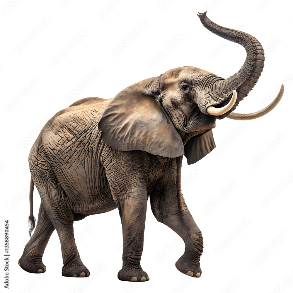 Fototapeta premium Majestic Elephant Isolated on transparent Background, Trunk Raised, Wildlife, African