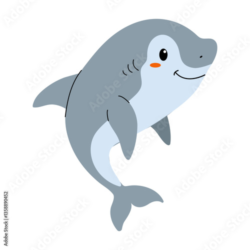 Cheerful cartoon shark swimming happily on a white background, ready to play and explore the deep blue sea