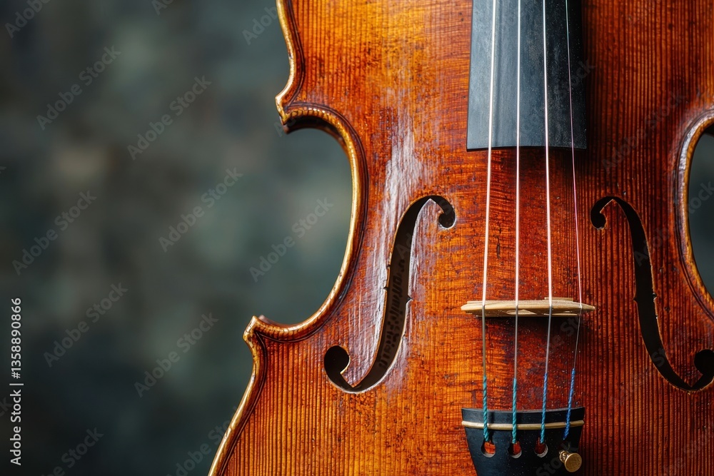 Close-up of a beautifully crafted violin showcasing its intricate details and rich wood texture against a subtle background. Close-up of a beautifully crafted violin showcasing its intricate details and rich wood texture against a subtle background.
