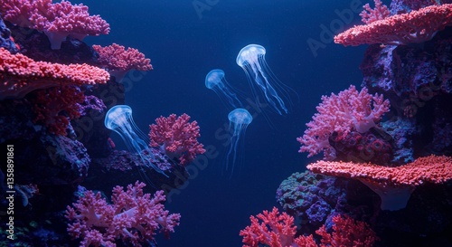 Mesmerizing Jellyfish Gracefully Swimming Amidst Vibrant Coral Reef in Aquarium
