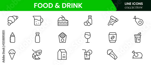 Food and drink web icons in line style. Meal, restaurant, dishes, fruits, fastfood, burger, pizza, coffee, sandwich, collection. Vector illustration.