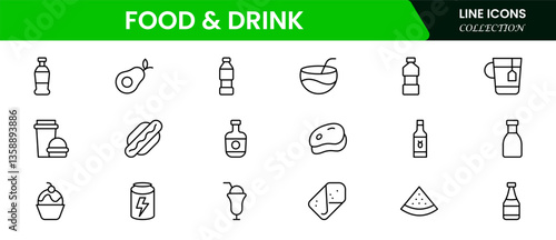 Food and drink web icons in line style. Meal, restaurant, dishes, fruits, fastfood, burger, pizza, coffee, sandwich, collection. Vector illustration.
