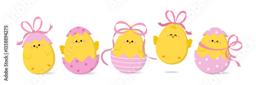 Cute little yellow chick and baby chicken with Easter eggs collection and pink coquette bow. Animal cartoon character with ribbon collection. Vector in flat style.- Vector