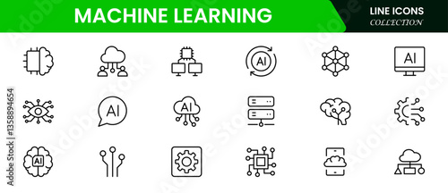 Artificial intelligence set of web icons inline style. AI technology icons for web and mobile apps. Machine learning, digital AI technology, algorithm, smart robotics, cloud computing network