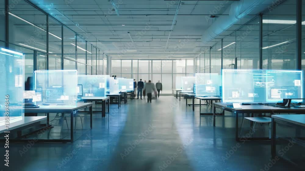 Timelapse of office workers interacting in a sleek, modern, tech driven office space filled with large glass windows and digital screens Timelapse of office workers interacting in a sleek, modern, tech driven office space filled with large glass windows and digital screens