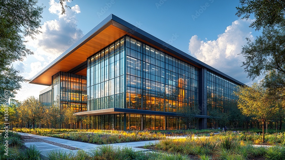 Obraz premium A serene university environment, showcasing an educational building with glass facades and bold architecture, set amidst a landscaped campus under a sunny sky.